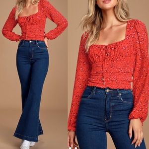 🆕 Free People Red Floral Print Ruffled Crop Top
